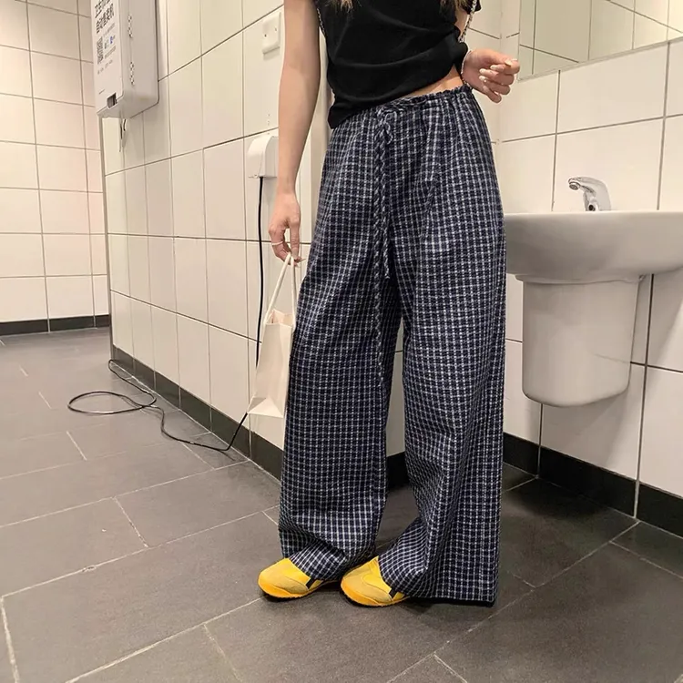 WGWE 美式复古格纹阔腿裤低腰显瘦抽绳直筒休闲裤拖地裤女夏W5572