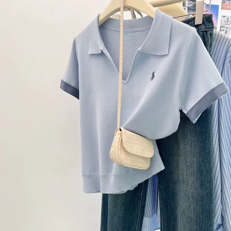 大码女装【80-180斤】拼色Polo领冰丝短袖T恤女夏季洋气百搭上衣潮