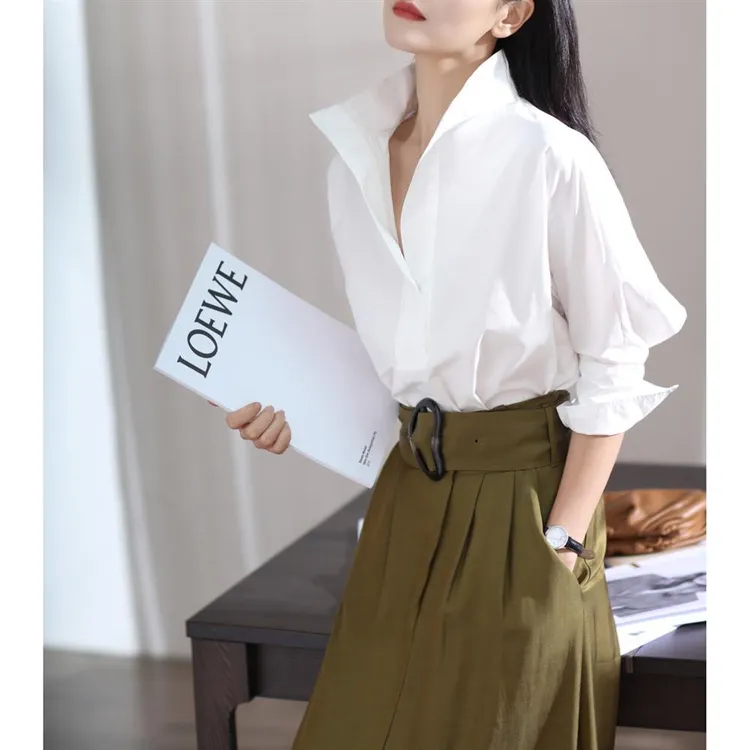 2025早秋新款棉蝙蝠七分袖衬衫女宽松立领白衬衫时髦有范上衣女