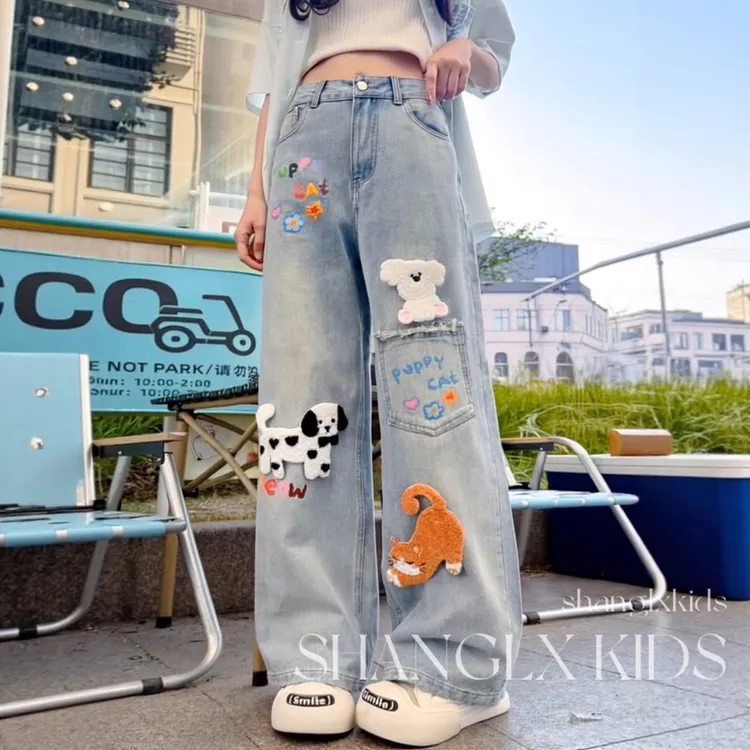 女童裤子加绒牛仔裤秋冬加厚2025新款儿童初中生女孩阔腿裤女大童