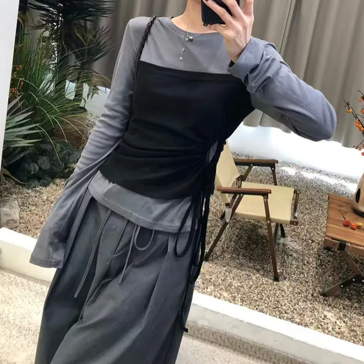 时尚撞色拼接假两件长袖上衣女2025春秋新款系带收腰阔腿裤套装潮