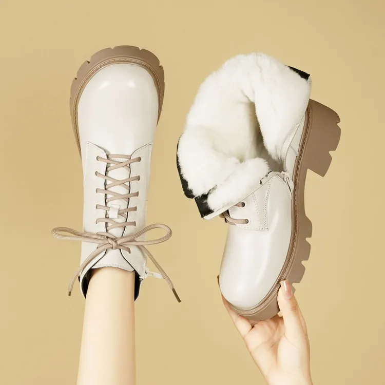 头层牛皮马丁靴真皮女低帮厚底增高短款靴子冬季软底加厚羊毛短靴