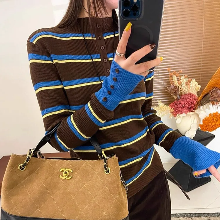 复古港风女圆领针织条纹毛针织衫洋气秋冬打底衫显瘦