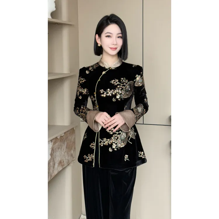 格娜【金枝耀庭】秋冬新款亮片绣花套装国风改良旗袍高级感显贵套装