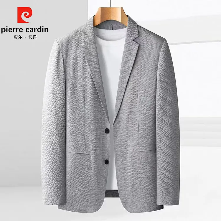 皮尔卡丹春秋免烫免烫处泡泡纱西服上装夏季春夏男士商务薄款
