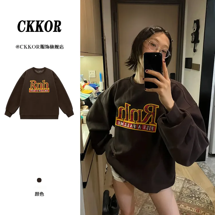 CKKOR韩系入秋圆领套头上衣潮学院风长袖卫衣女慵懒风休闲设计感 