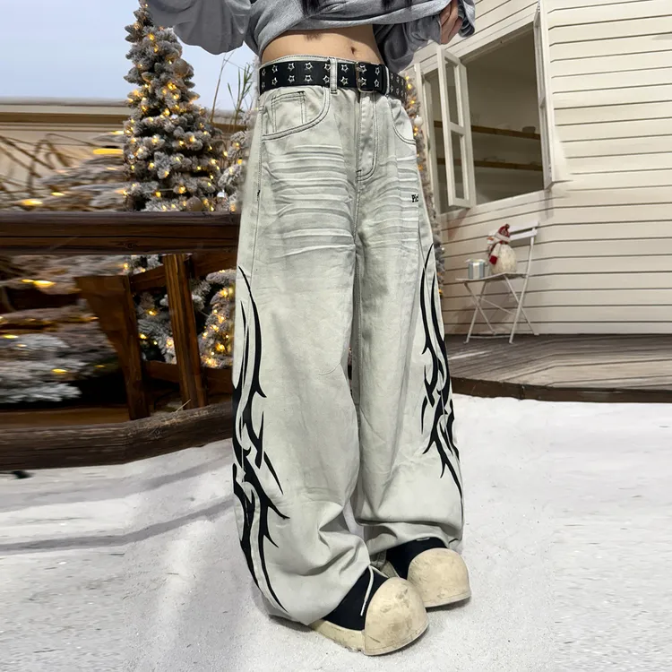 梁拌泡菜美式复古弯刀牛仔裤荆棘星标阔腿裤男女宽松街头休闲长裤