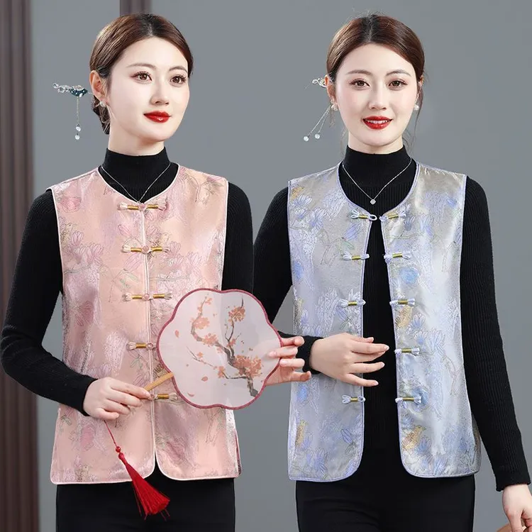 2025新款中式国风提花坎肩外套马甲背心复古盘扣上衣网红马夹气质