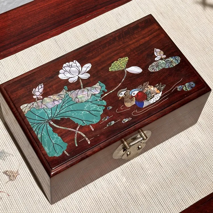 印度小叶紫檀百年好合首饰盒盒子双层收纳盒木盒古风珠宝盒复古