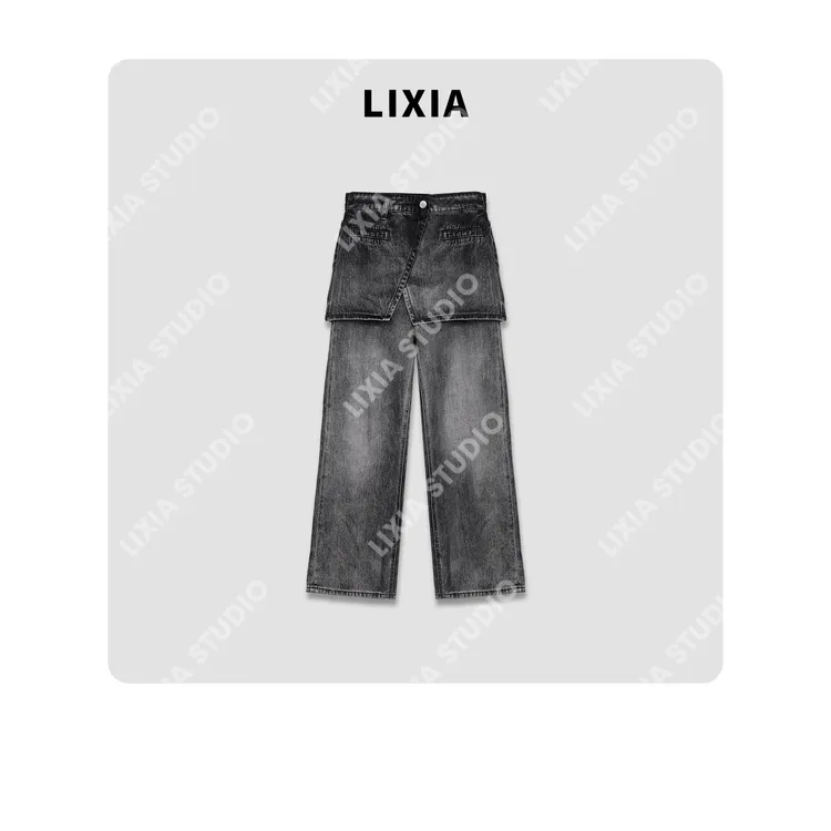 LIXIA【裙影牛仔】个性时尚裙帘立体设计款直筒牛仔裤-D7787