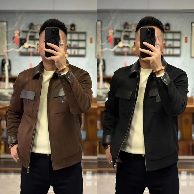 5712欧货冬季经典百搭翻领H拉链鹅绒拼羊皮男士羽绒服男款