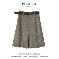 【PoGu】秋冬羊毛A字百褶毛呢半身裙送皮带BSQ-975