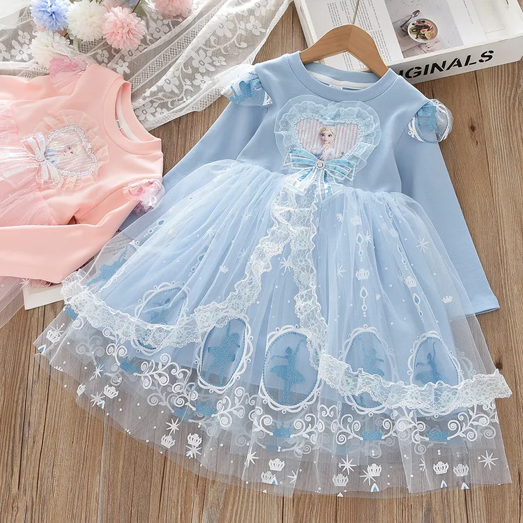 女童爱莎公主裙 2025新款女宝冰雪奇缘裙子女孩网纱裙长袖连衣裙