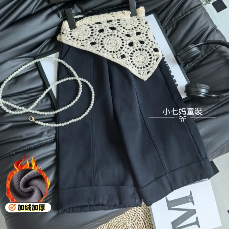 女童冬季2025新款儿童森系复古镂空屁帘休闲裤时髦宽松加绒直筒裤