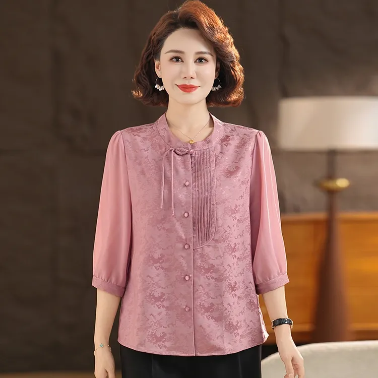 时尚中年妈妈夏装衬衫新中式中袖T恤上衣中老年女装夏季洋气小衫