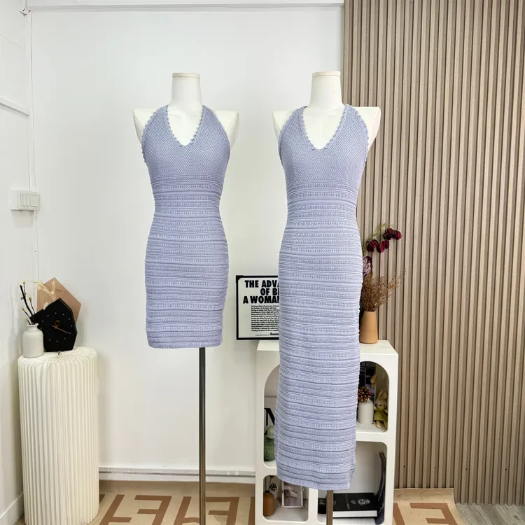 紫玉髓 招牌封神裙 绝美显白长短款挂脖针织裙
