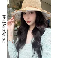 KUN【春日私语】平顶帽子女夏度假海边巴拿马草帽平沿法式沙滩帽