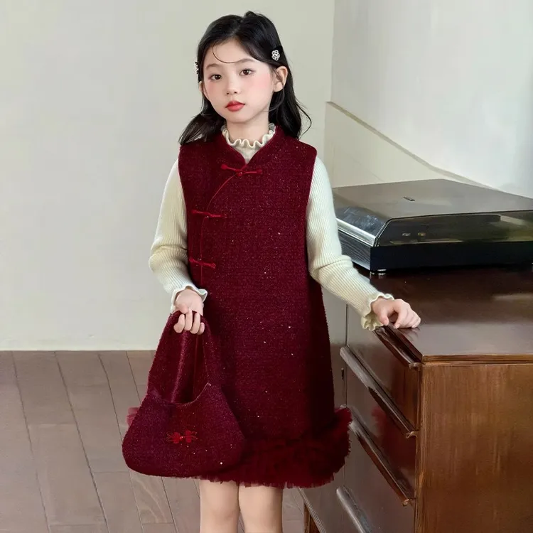 女童秋冬款红色中国风加绒加厚背心裙套装连衣裙儿童过年冬装裙子