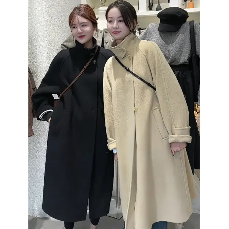 小个子双面羊毛大衣长款秋冬季新款韩版设计感宽松黑色毛呢外套女