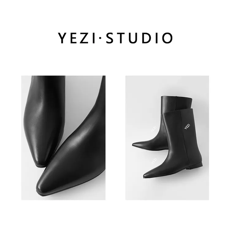 【伯克公路】头层牛皮大筒围显瘦复古百搭尖头平底中筒靴25449010