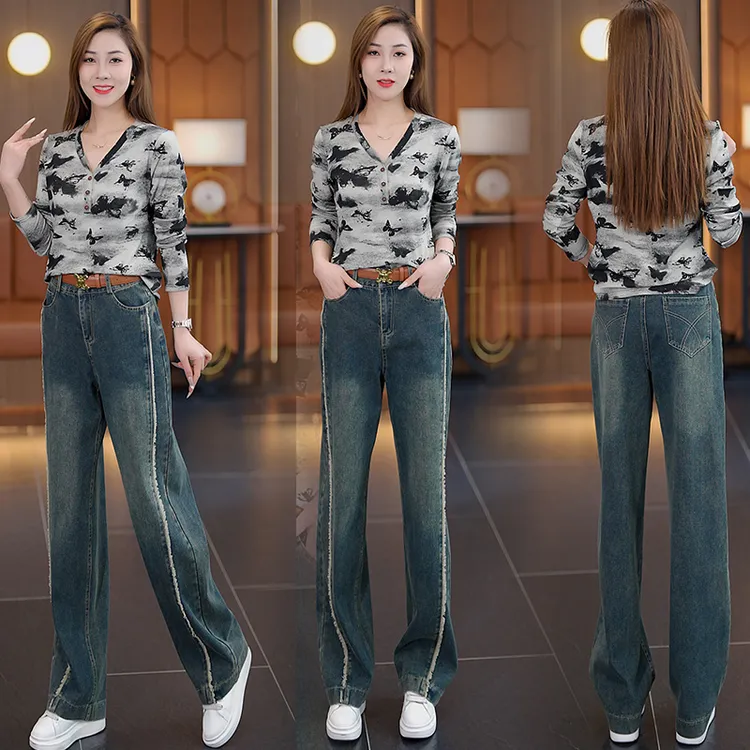 时尚套装女2025春秋新款洋气显瘦V领T恤高腰牛仔阔腿裤休闲两件套