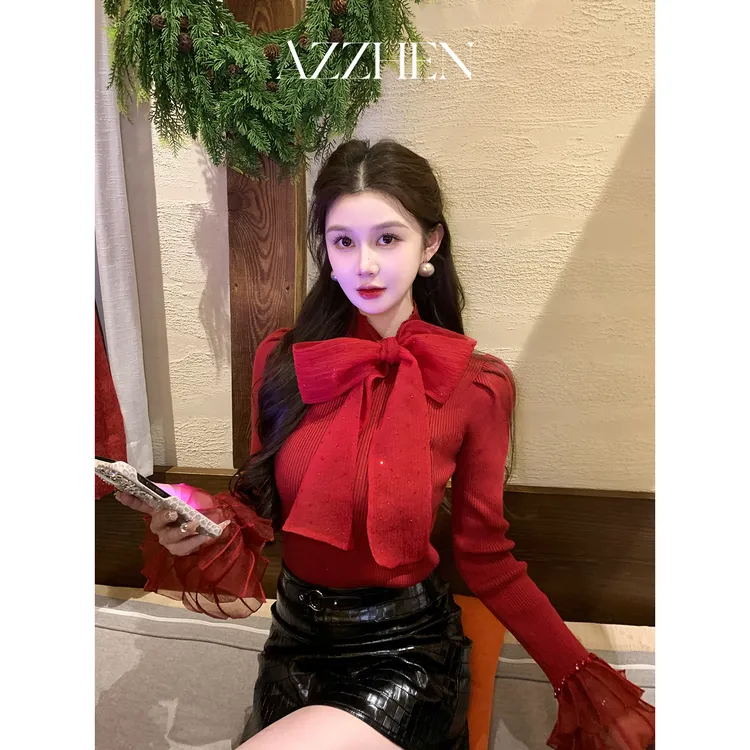 AZZHEN【浪漫倾心】百搭显瘦蝴蝶结灯笼袖针织衫长袖打底AZ5PST15