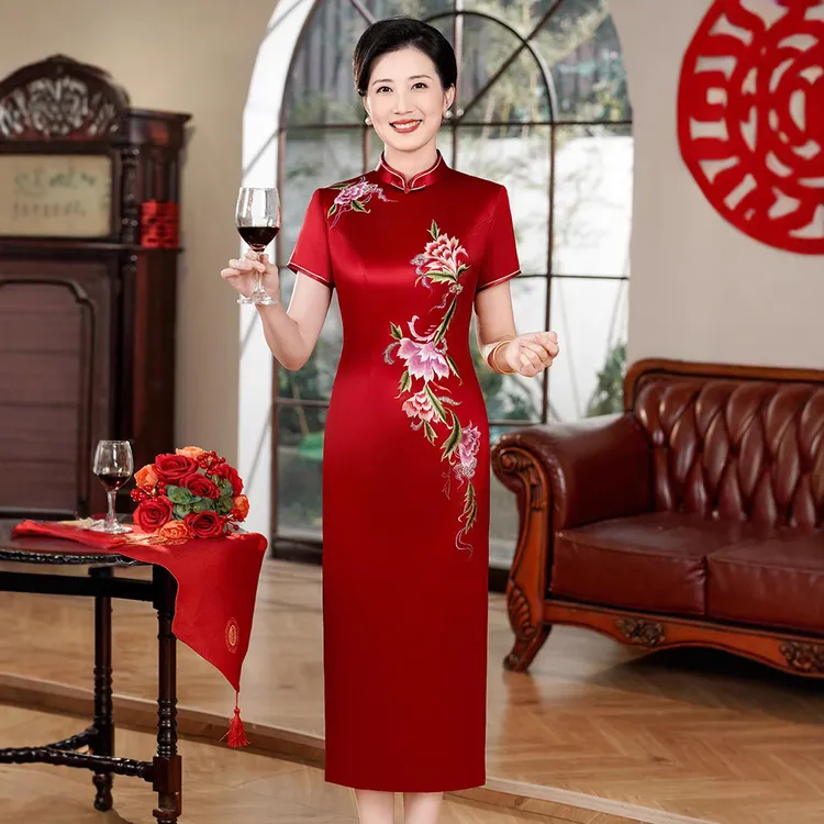 妈妈婚宴礼服2025新款醋酸刺绣喜婆婆改良年轻红色60697