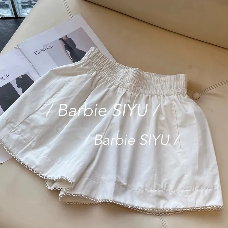 Barbie Siyu 【奶油阔步】S9558 夏季韩版松紧高腰下摆镂空花边短裤