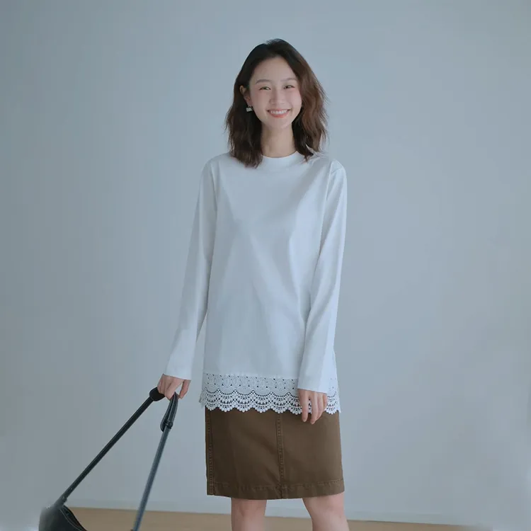 半高领蕾丝拼接长款t恤女长袖遮屁股宽松通勤叠穿中长打底衫上衣