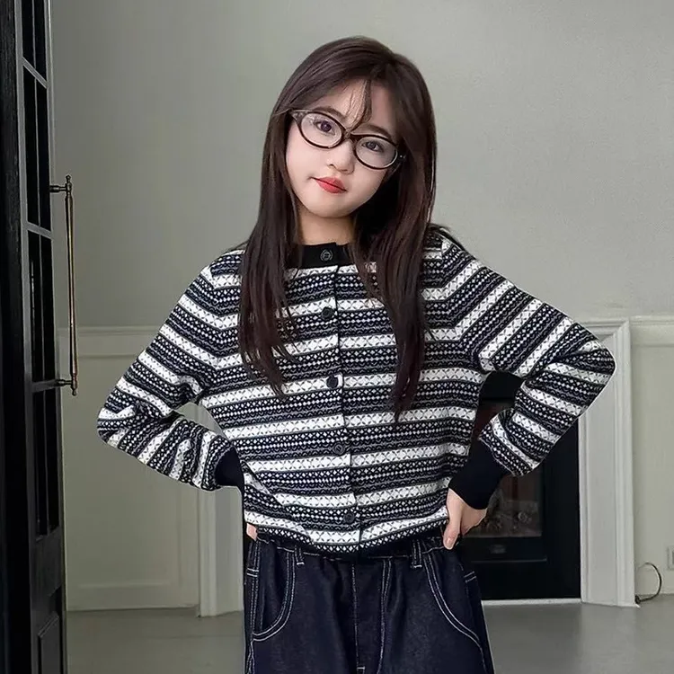 女童毛衣开衫春秋2025新款儿童条纹上衣韩版中大童针织毛线衣洋气