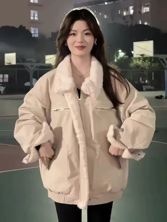 美式翻领羊羔毛棉服女冬季2025新款设计感男女款加绒加厚夹克棉衣