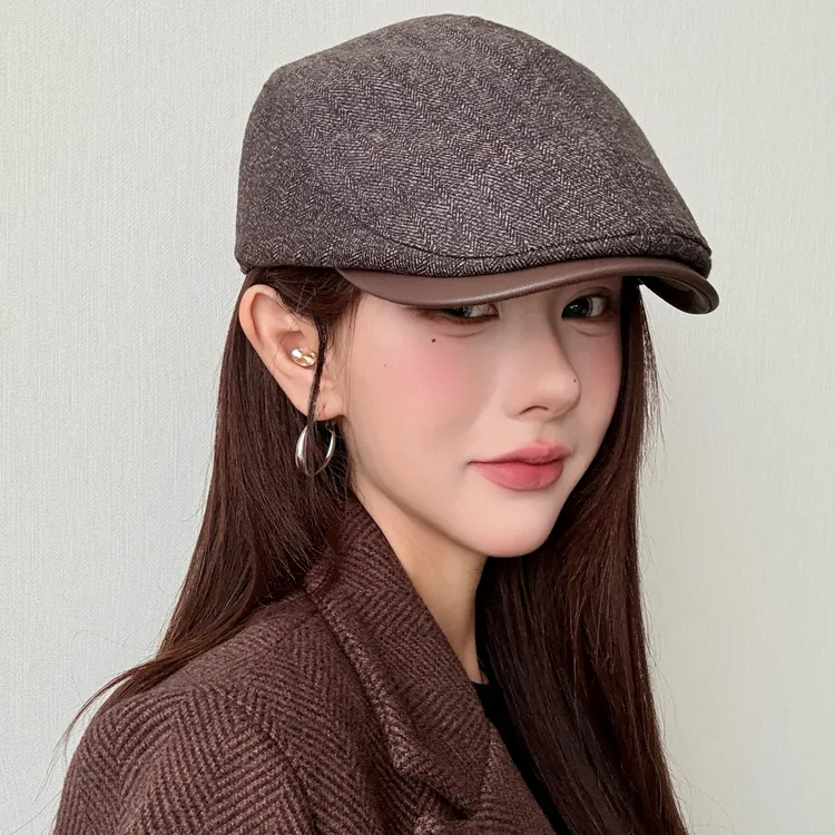 英伦风复古皮檐拼接前进帽子女春秋季显脸小简约百搭画家贝雷帽潮
