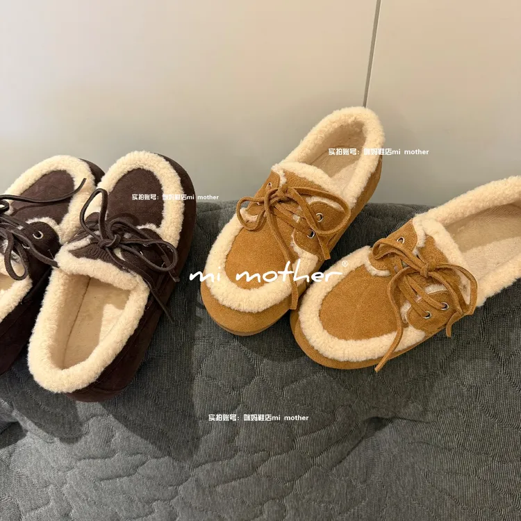 mi mother“冬日乐福”真皮 羊毛 乐福鞋加绒加厚保暖冬季平底休闲