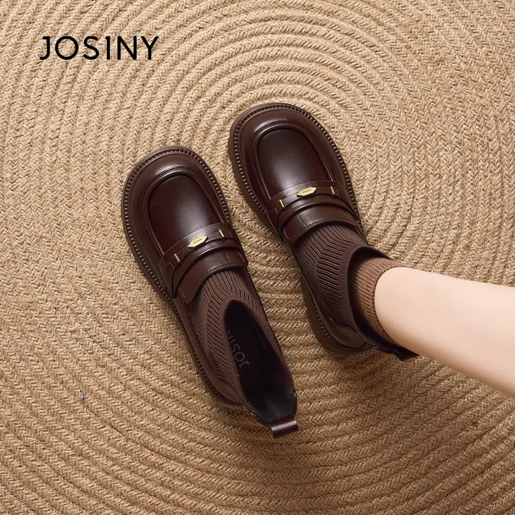 卓诗尼2025春秋季新款厚底袜靴女英伦风增高短筒靴黑色配裙弹力靴