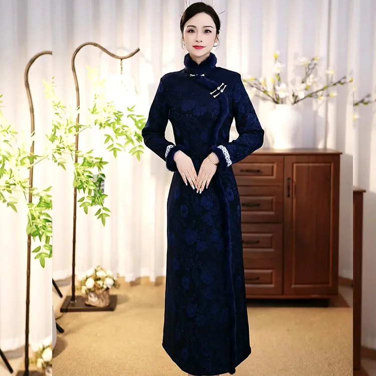 [GU707]新款高端提花复古长袖中国风加绒加厚冬款旗袍连衣裙