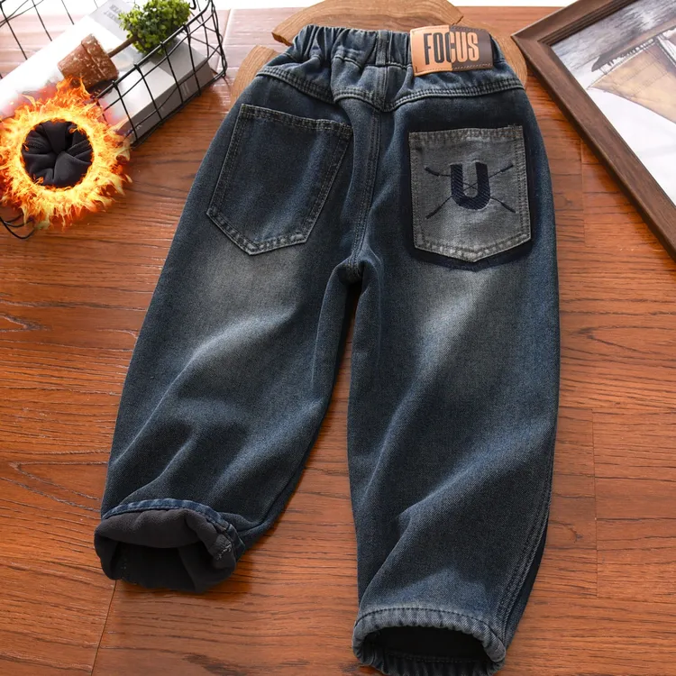 男童加绒牛仔裤子冬季2026男孩加厚奥粒绒中大儿童装休闲直筒长裤