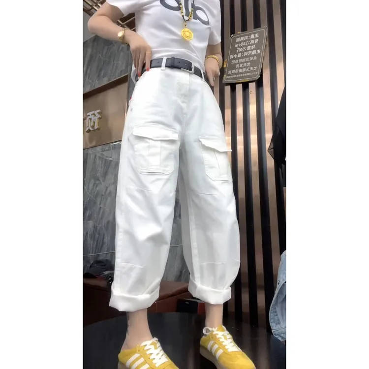 2025春季高腰显瘦大码阔腿裤宽松高腰显瘦八分弯刀牛仔裤