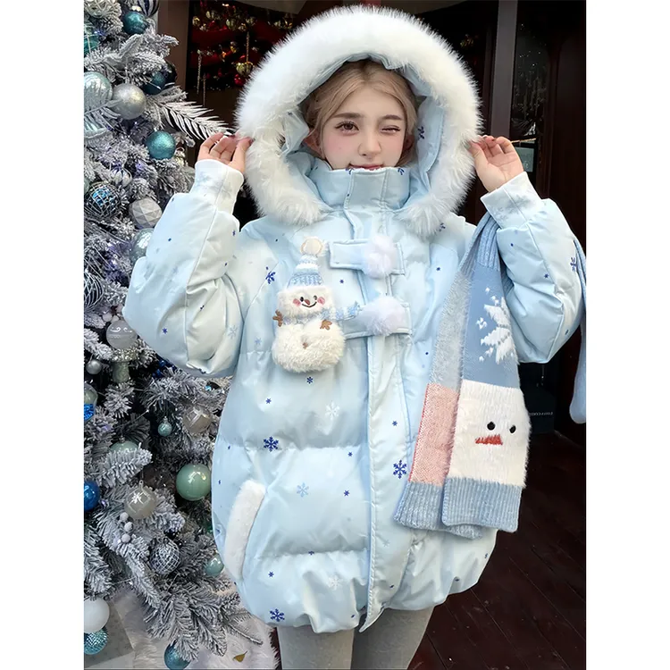 雪花可爱雪人魔术贴棉服女冬季2025宽松加厚减龄保暖棉衣外套潮