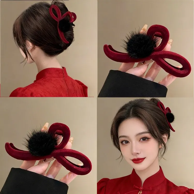 冬季毛毛抓夹新款红色高级植绒鲨鱼大号夹子头饰后脑勺洋气发夹