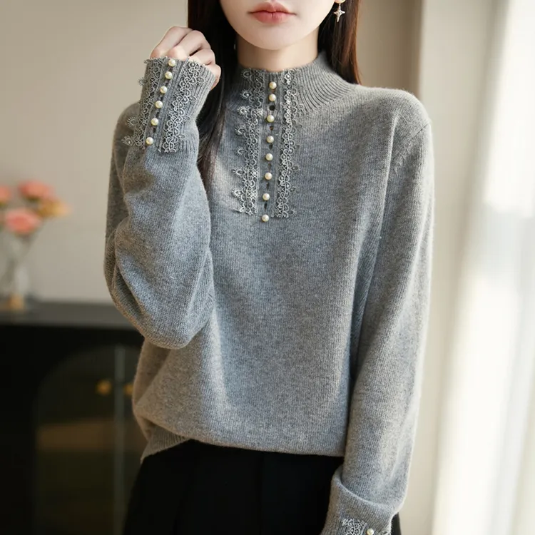 微胖mm秋冬大码半高领女士毛衣蕾丝花边上衣遮肚子内搭针织打底衫