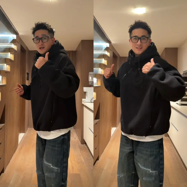 套头拉链设计黑色秋季时尚简约百搭纯色宽松潮流痞帅连帽卫衣外套