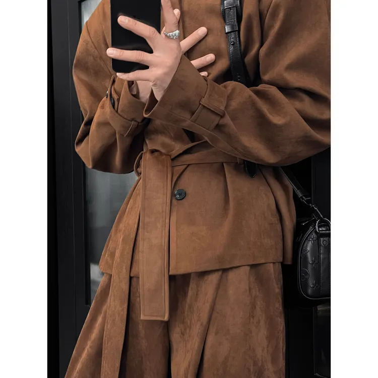 龙叨叨秋季新品原创复古设计款立领夹克套装男宽松系带外套长裤潮