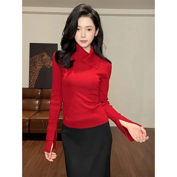  ZOUYASII 上衣翻领修身针织长袖袖口拼色打底衫爆款内搭针织衫女