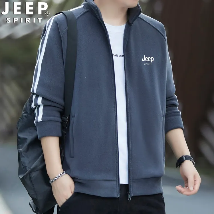 吉普JEEP夹克男士秋冬大码新款抓绒衣外套男士立领奥粒绒保暖上衣