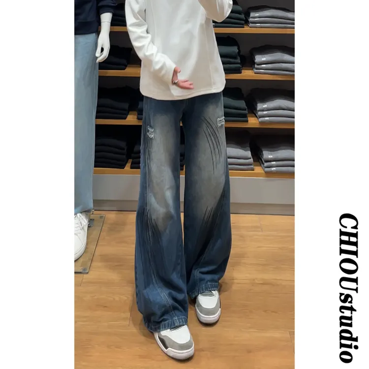 美式高街ins弯刀微喇牛仔裤男款春秋潮牌复古设计感泼墨破洞裤子