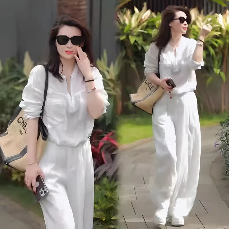 拉夏贝尔显瘦夏季新款气质风白色通勤风百搭短袖洋气时尚休闲套装