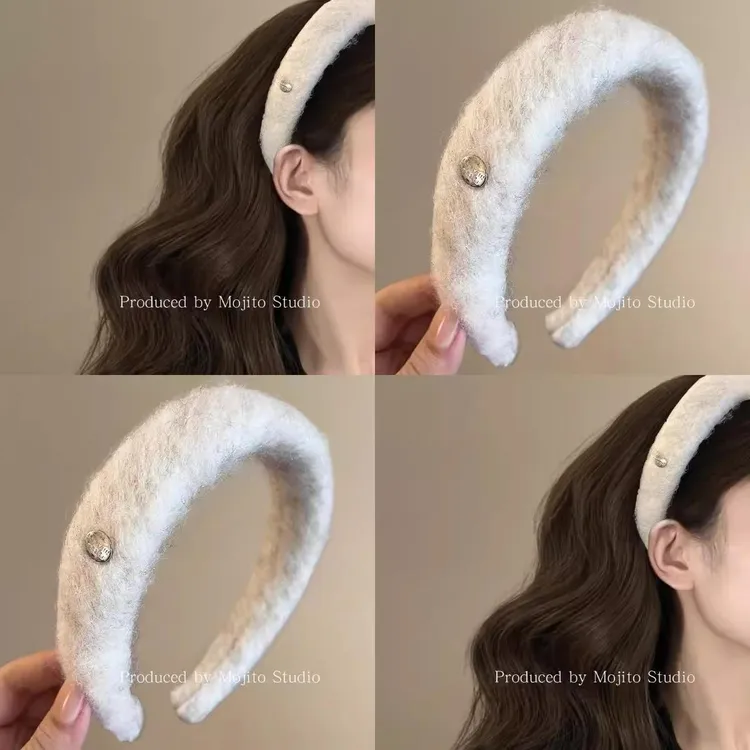 椰奶霜白~简约覆古毛呢金标发箍高颅顶宽边发箍2025新款压发夹冬