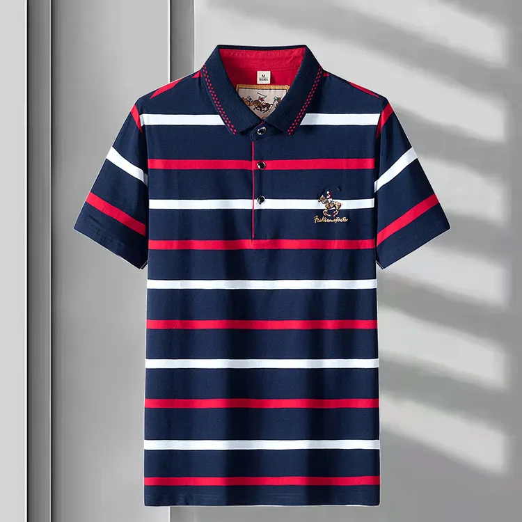 夏季男士T恤商务POLO衫上衣潮流时尚流帅气条纹纯棉短袖宽松半袖