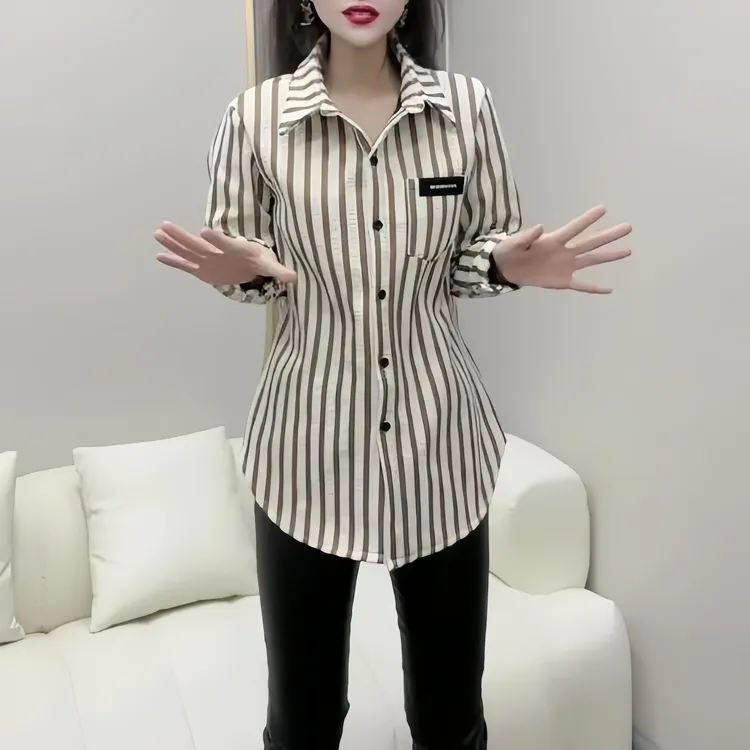 大码洋气显瘦休闲衬衣女2024秋冬新款翻领开衫百搭竖条纹加绒衬衫