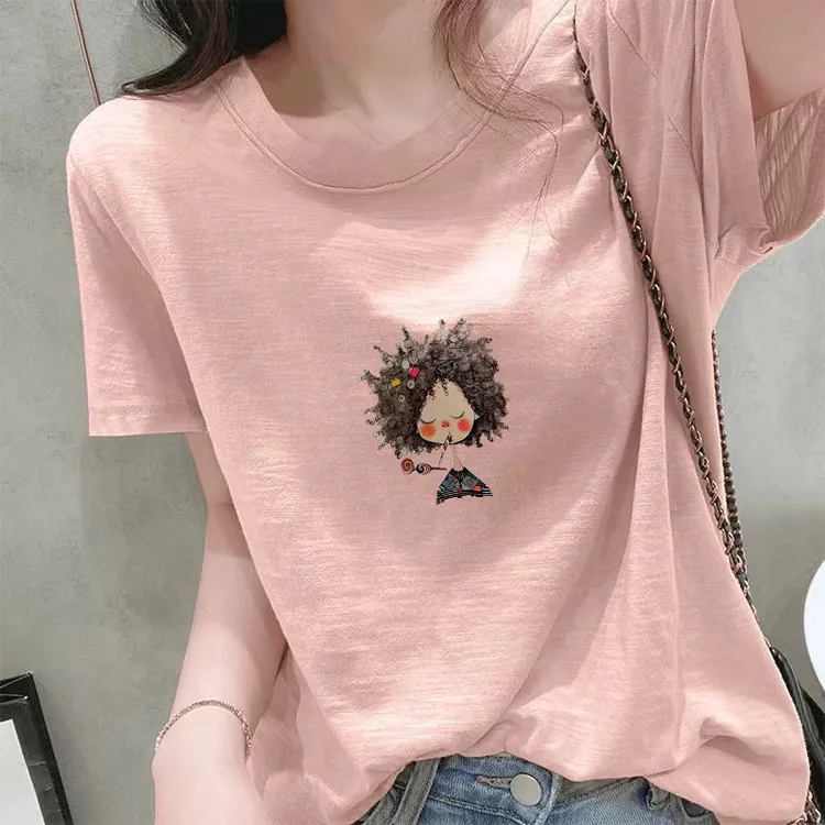 韩版潮流风印花短袖2025夏季竹节棉透气女装圆领T恤白色简约上衣